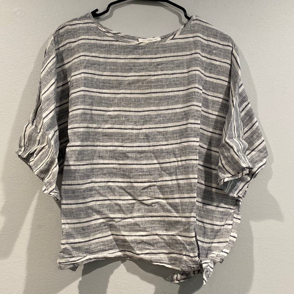 Gray and White Striped Linen Short Sleeve Shirt-beachlunchlounge-Size XS